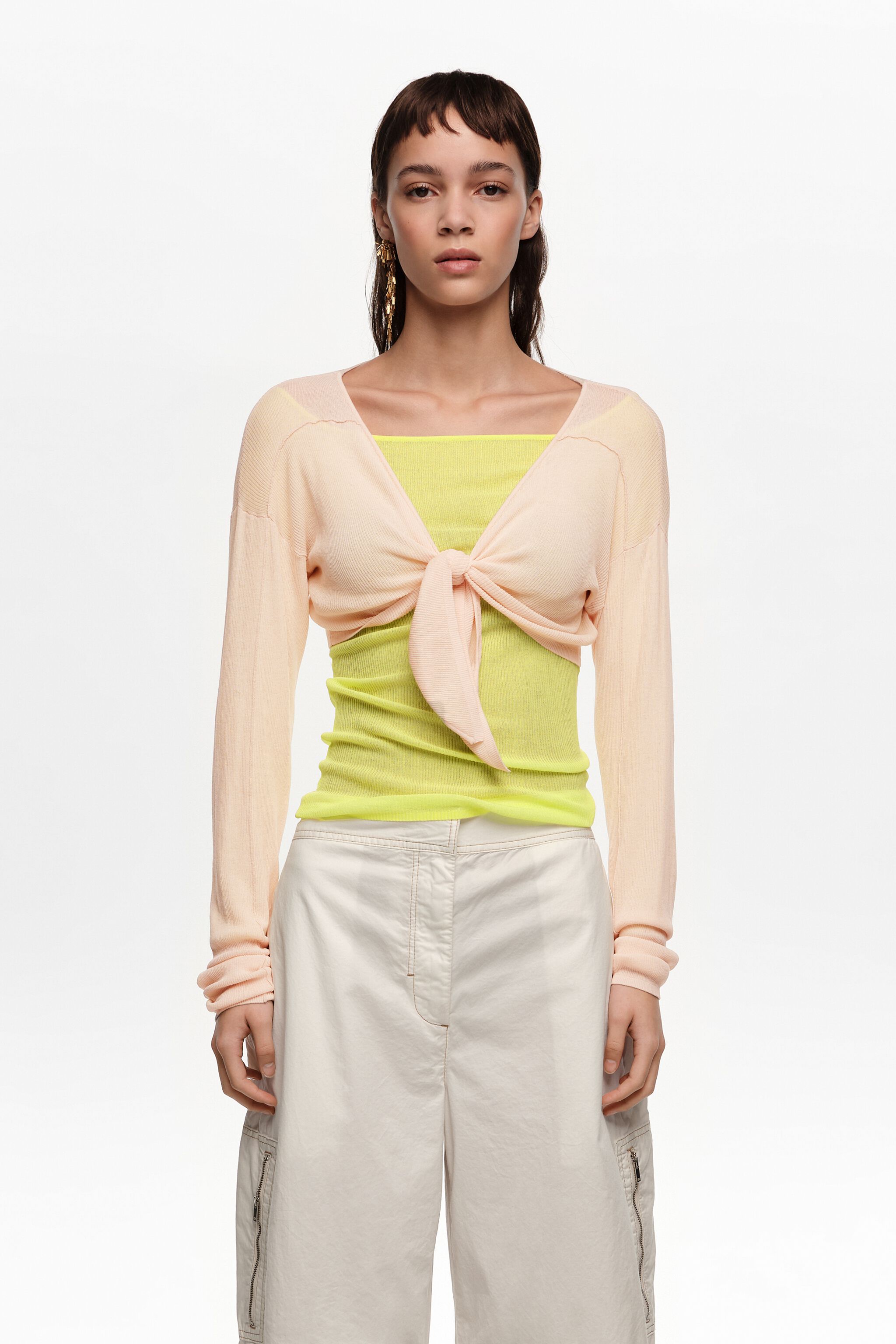 Peach short knot ribbed cardigan