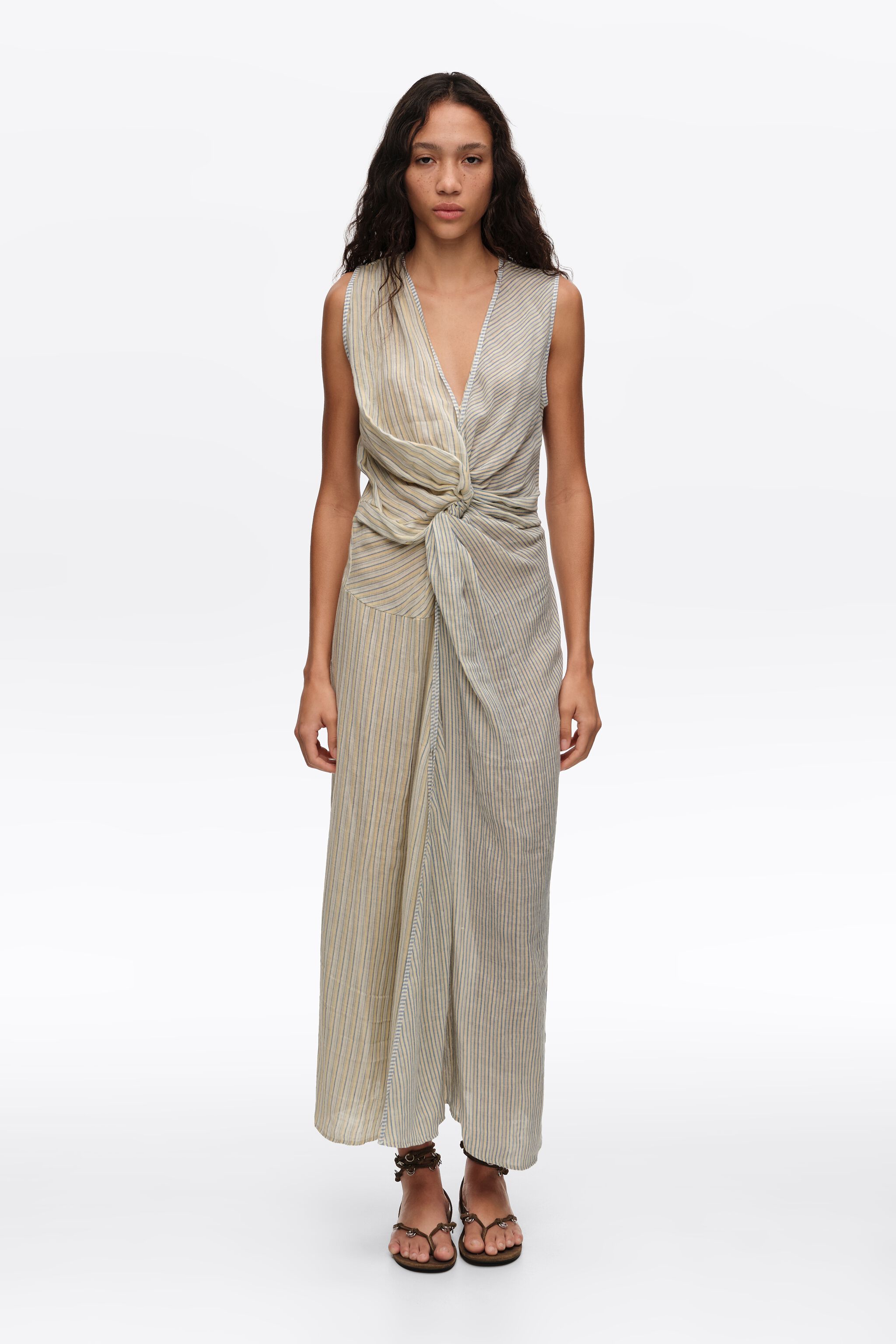 Blue striped ruched knot dress