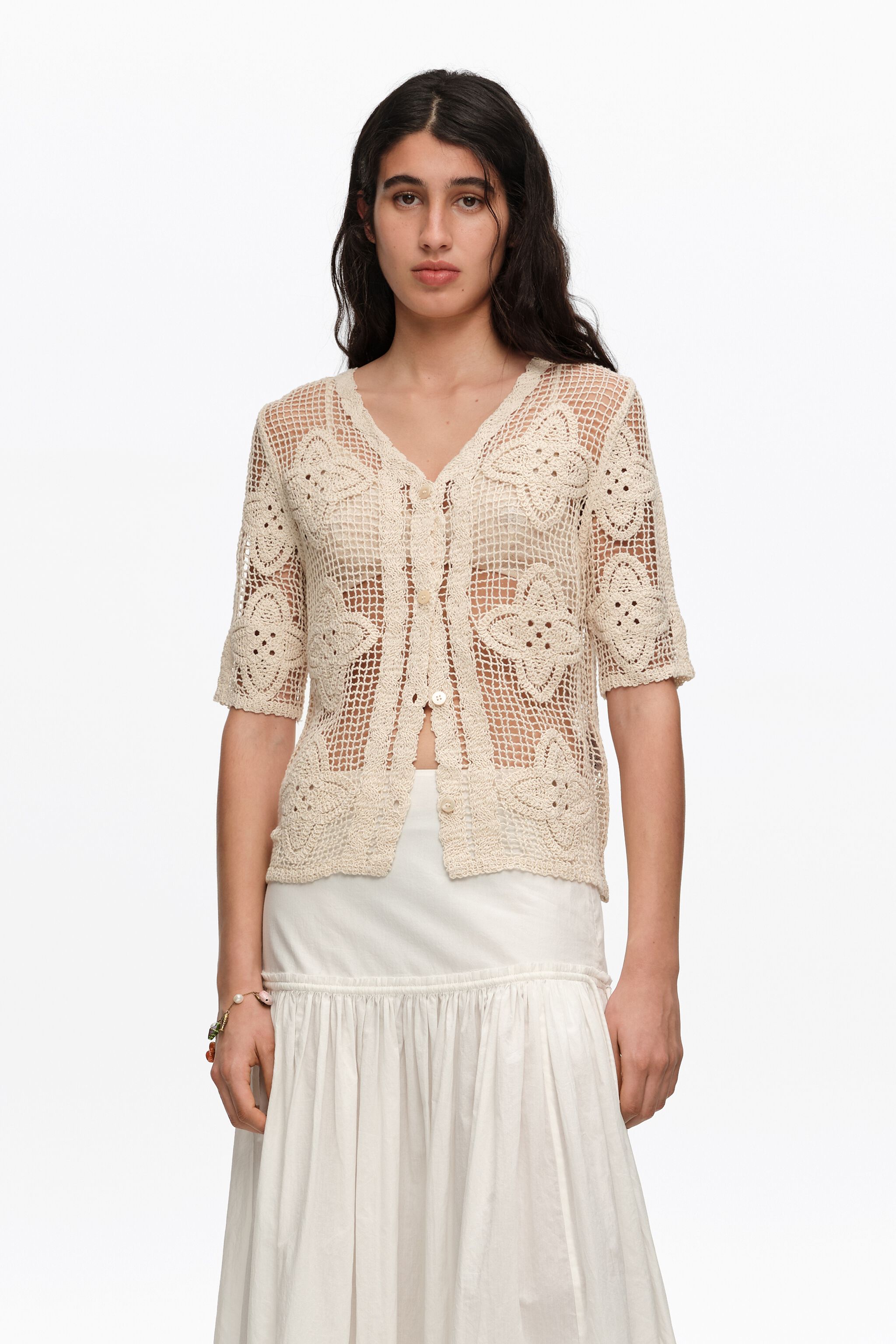 Sand openwork knit cardigan