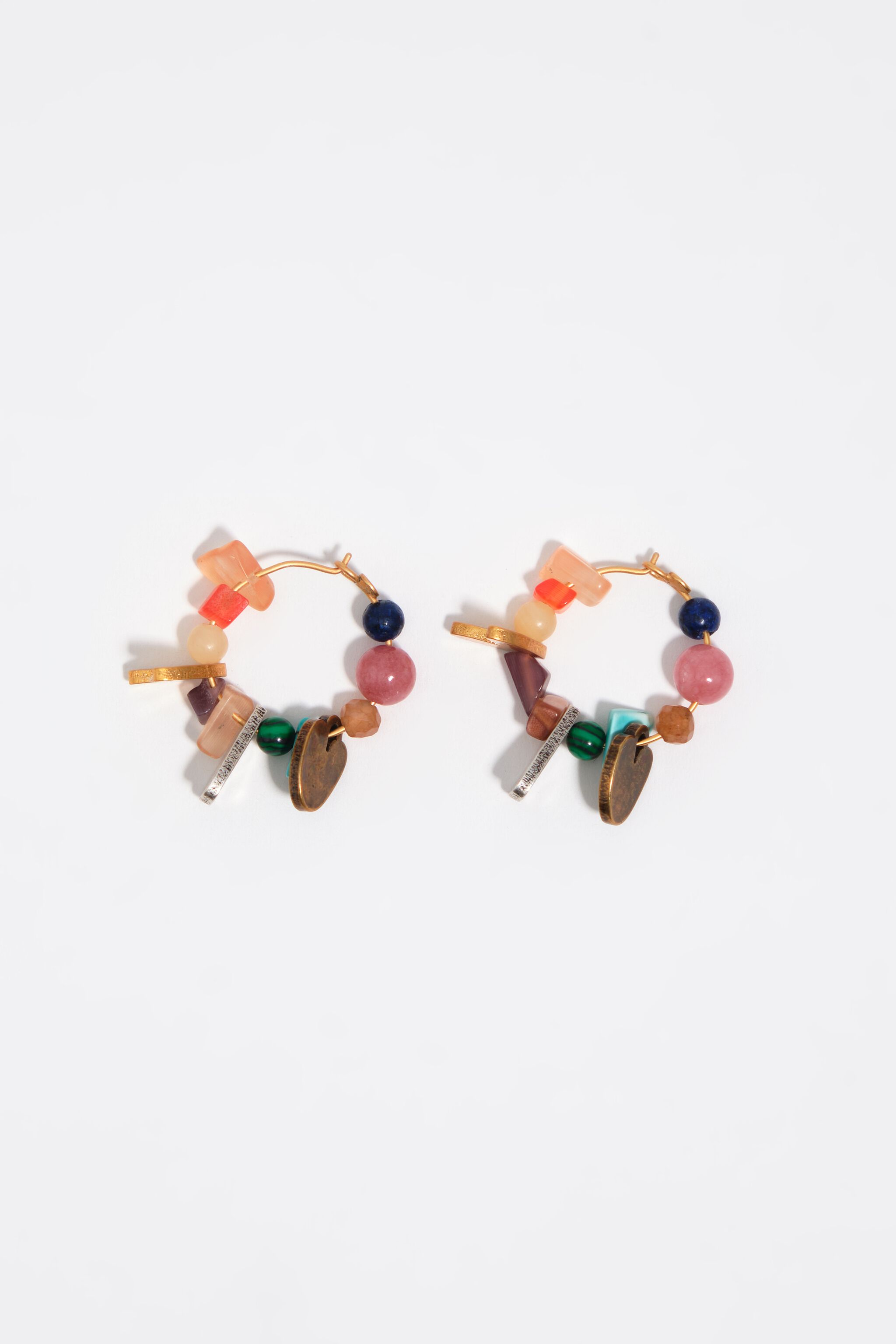 Metal silhouette and multicolor stone hoop earrings