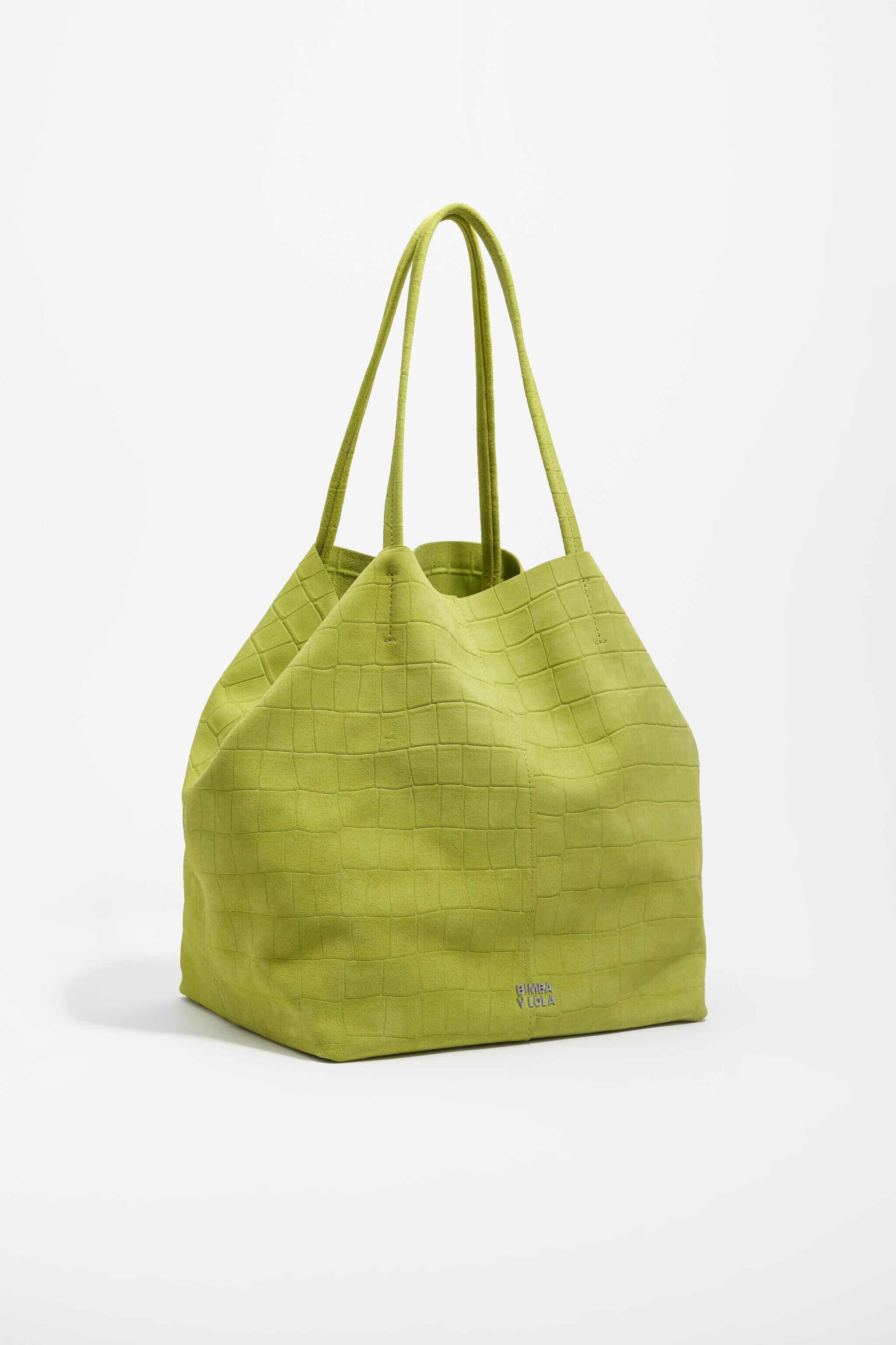 Large suede shopper bag in lime embossed crocodile
