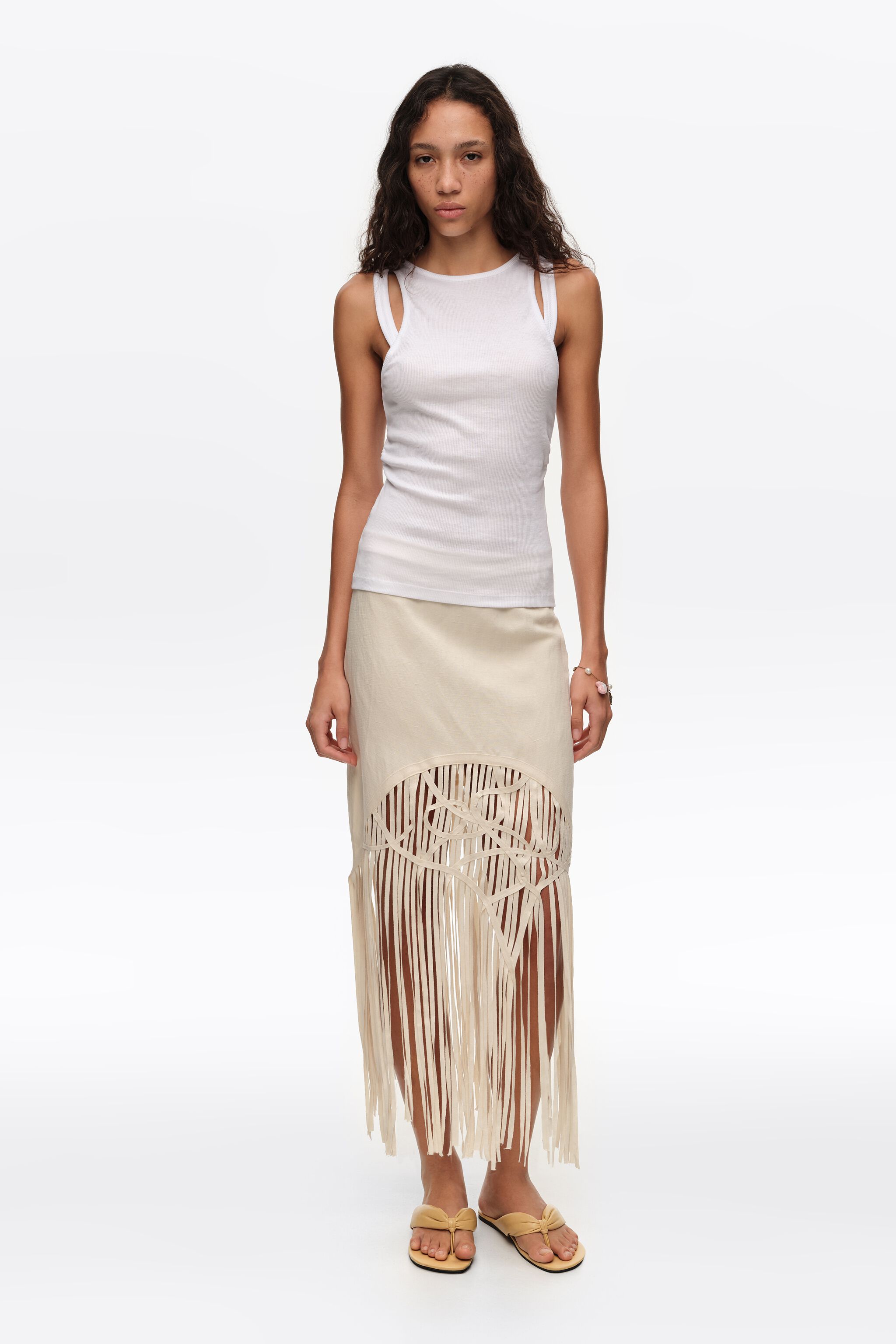Sand irregular fringed linen skirt
